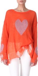 Knitted Heart Jumper - neckline: round neck; sleeve style: dolman/batwing; bust detail: added detail/embellishment at bust, contrast pattern/fabric/detail at bust; length: below the bottom; style: standard; predominant colour: bright orange; occasions: casual; fibres: acrylic - mix; fit: loose; sleeve length: long sleeve; texture group: knits/crochet; trends: volume; pattern type: knitted - other; pattern size: standard; pattern: patterned/print