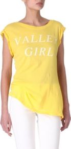 Valley Girl T Shirt - neckline: round neck; sleeve style: capped; length: below the bottom; style: t-shirt; predominant colour: yellow; occasions: casual; fibres: cotton - 100%; fit: body skimming; bust detail: contrast pattern/fabric/detail at bust; sleeve length: short sleeve; texture group: cotton feel fabrics; pattern type: fabric; pattern size: small & light; pattern: patterned/print
