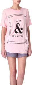 Love & Ice Cream Top - neckline: round neck; length: below the bottom; style: t-shirt; hip detail: fitted at hip; predominant colour: blush; occasions: casual, work, holiday; fibres: cotton - 100%; fit: loose; bust detail: contrast pattern/fabric/detail at bust; sleeve length: short sleeve; sleeve style: standard; trends: statement prints; pattern type: fabric; pattern size: standard; pattern: patterned/print; texture group: jersey - stretchy/drapey