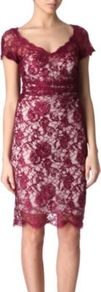 Fitted Lace Dress - style: shift; neckline: low v-neck; fit: tailored/fitted; predominant colour: burgundy; occasions: evening, occasion; length: just above the knee; sleeve length: short sleeve; sleeve style: standard; texture group: lace; pattern type: fabric; pattern size: big & light; pattern: florals; fibres: viscose/rayon - mix; embellishment: lace