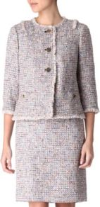 Cropped Bouclé Jacket - collar: round collar/collarless; style: boxy; pattern: herringbone/tweed, patterned/print; occasions: casual, evening, work, occasion; length: standard; fit: straight cut (boxy); fibres: acrylic - mix; back detail: embellishment at back; predominant colour: multicoloured; sleeve length: 3/4 length; sleeve style: standard; collar break: high; pattern type: fabric; pattern size: small & light; texture group: tweed - light/midweight