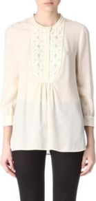 Petal Silk Tunic - pattern: plain; bust detail: added detail/embellishment at bust; length: below the bottom; style: tunic; waist detail: structured pleats at waist; predominant colour: ivory; occasions: casual, work; fibres: silk - 100%; fit: empire; neckline: crew; sleeve length: 3/4 length; sleeve style: standard; texture group: sheer fabrics/chiffon/organza etc.; pattern type: fabric; pattern size: small & light