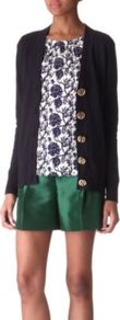 Simone Cotton Cardigan - neckline: low v-neck; predominant colour: navy; occasions: casual, work; length: standard; style: standard; fibres: cotton - 100%; fit: standard fit; sleeve length: long sleeve; sleeve style: standard; texture group: knits/crochet; pattern type: knitted - fine stitch