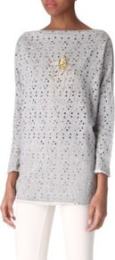Embellished Skull Top - neckline: slash/boat neckline; bust detail: added detail/embellishment at bust; length: below the bottom; predominant colour: light grey; occasions: casual, evening; style: top; fibres: cotton - mix; fit: loose; sleeve length: 3/4 length; sleeve style: standard; pattern type: fabric; pattern size: standard; texture group: jersey - stretchy/drapey; embellishment: embroidered