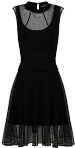 Lace Overlay Dress - length: mid thigh; sleeve style: capped; pattern: plain; neckline: high neck; waist detail: fitted waist; shoulder detail: contrast pattern/fabric at shoulder; predominant colour: black; occasions: evening, occasion; fit: fitted at waist & bust; style: fit & flare; fibres: polyester/polyamide - 100%; hip detail: soft pleats at hip/draping at hip/flared at hip; sleeve length: sleeveless; texture group: sheer fabrics/chiffon/organza etc.; pattern type: fabric