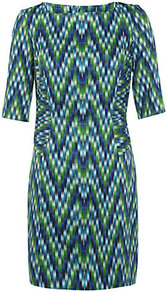 Carina Sheath Dress - style: shift; length: mini; neckline: slash/boat neckline; secondary colour: emerald green; occasions: evening, work; fit: straight cut; fibres: cotton - stretch; predominant colour: multicoloured; sleeve length: half sleeve; sleeve style: standard; texture group: crepes; trends: modern geometrics; pattern type: fabric; pattern size: small & busy; pattern: patterned/print