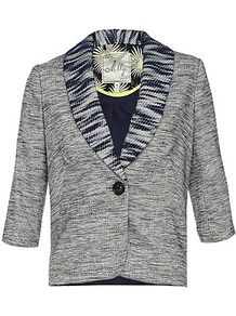 Elizabeth Jacket - style: single breasted blazer; collar: standard lapel/rever collar; pattern: herringbone/tweed; predominant colour: navy; occasions: casual, evening, work; length: standard; fit: tailored/fitted; fibres: acrylic - mix; sleeve length: half sleeve; sleeve style: standard; collar break: low/open; pattern type: fabric; pattern size: small & light; texture group: woven light midweight