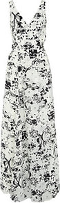 Loury Maxi Dress - neckline: low v-neck; sleeve style: sleeveless; style: maxi dress; waist detail: fitted waist; predominant colour: white; occasions: evening, occasion; length: floor length; fit: body skimming; fibres: silk - 100%; sleeve length: sleeveless; texture group: silky - light; trends: statement prints; pattern type: fabric; pattern size: small & busy; pattern: patterned/print