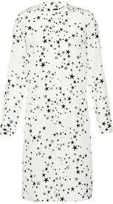 Starfish Print Shirt Dress - style: shirt; fit: loose; bust detail: buttons at bust (in middle at breastbone)/zip detail at bust; predominant colour: white; occasions: casual; length: just above the knee; neckline: collarstand; fibres: silk - 100%; sleeve length: long sleeve; sleeve style: standard; texture group: silky - light; pattern type: fabric; pattern size: small & busy; pattern: patterned/print