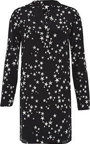 Starfish Print Tunic - style: tunic; predominant colour: navy; occasions: casual, evening, holiday; neckline: mandarin with v-neck; fibres: silk - 100%; fit: straight cut; length: mid thigh; sleeve length: long sleeve; sleeve style: standard; texture group: silky - light; pattern type: fabric; pattern size: small & busy; pattern: patterned/print