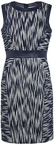 Combo Trim Sheath Dress - style: shift; fit: tailored/fitted; sleeve style: sleeveless; waist detail: fitted waist; predominant colour: charcoal; occasions: evening, occasion; length: just above the knee; fibres: cotton - mix; neckline: crew; sleeve length: sleeveless; trends: glamorous day shifts, modern geometrics; pattern type: fabric; pattern size: small & busy; pattern: patterned/print; texture group: brocade/jacquard