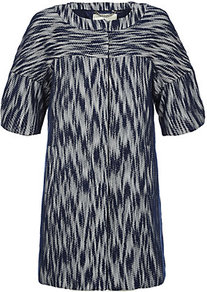 Bianca Day Coat - collar: round collar/collarless; style: single breasted; sleeve style: balloon; length: mid thigh; predominant colour: navy; occasions: evening, work, occasion; fit: straight cut (boxy); fibres: cotton - mix; sleeve length: half sleeve; trends: statement prints; collar break: high; pattern type: fabric; pattern size: standard; pattern: patterned/print; texture group: woven bulky/heavy
