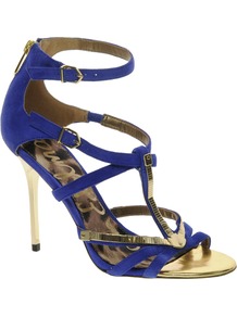 Alena Blue Strappy Sandals - predominant colour: royal blue; occasions: evening, occasion; material: leather; heel height: high; ankle detail: ankle strap; heel: stiletto; toe: open toe/peeptoe; style: strappy; finish: plain; pattern: plain; embellishment: chain/metal