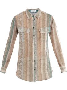 Signature Snake Print Silk Shirt - neckline: shirt collar/peter pan/zip with opening; pattern: vertical stripes, animal print; style: shirt; bust detail: pocket detail at bust, buttons at bust (in middle at breastbone)/zip detail at bust; occasions: casual, work; length: standard; fibres: silk - 100%; fit: straight cut; back detail: longer hem at back than at front; predominant colour: multicoloured; sleeve length: long sleeve; sleeve style: standard; texture group: sheer fabrics/chiffon/organza etc.; trends: statement prints; pattern type: fabric; pattern size: standard