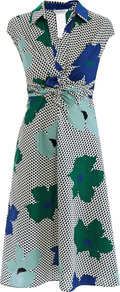 Filtro Dress - neckline: shirt collar/peter pan/zip with opening; sleeve style: capped; waist detail: twist front waist detail/nipped in at waist on one side/soft pleats/draping/ruching/gathering waist detail, belted waist/tie at waist/drawstring; bust detail: ruching/gathering/draping/layers/pintuck pleats at bust; predominant colour: black; occasions: casual, evening, work, occasion, holiday; length: on the knee; fit: fitted at waist & bust; style: fit & flare; fibres: cotton - 100%; hip detail: structured pleats at hip, soft pleats at hip/draping at hip/flared at hip; sleeve length: short sleeve; texture group: cotton feel fabrics; trends: high impact florals, statement prints, glamorous day shifts, modern geometrics; pattern type: fabric; pattern size: big & busy; pattern: florals, patterned/print