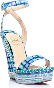 Duplice 140mm Wedge Sandals - predominant colour: turquoise; occasions: casual, evening, occasion, holiday; material: fabric; heel height: high; embellishment: buckles; ankle detail: ankle strap; heel: wedge; toe: open toe/peeptoe; style: standard; trends: statement prints; finish: plain; pattern: checked/gingham, patterned/print