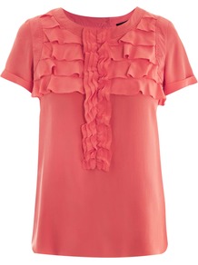 Ocrina Blouse - neckline: round neck; pattern: plain; bust detail: added detail/embellishment at bust, ruching/gathering/draping/layers/pintuck pleats at bust, tiers/frills/bulky drapes/pleats; style: t-shirt; predominant colour: coral; occasions: casual, evening, work; length: standard; fibres: silk - 100%; fit: straight cut; sleeve length: short sleeve; sleeve style: standard; texture group: silky - light; pattern type: fabric; pattern size: standard