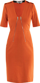Apuania Dress - style: shift; neckline: low v-neck; fit: tailored/fitted; pattern: plain; shoulder detail: obvious epaulette; bust detail: added detail/embellishment at bust, buttons at bust (in middle at breastbone)/zip detail at bust; waist detail: fitted waist; predominant colour: bright orange; occasions: casual, evening, work, occasion; length: on the knee; fibres: polyester/polyamide - stretch; sleeve length: short sleeve; sleeve style: standard; trends: glamorous day shifts; pattern type: fabric; pattern size: standard; texture group: jersey - stretchy/drapey