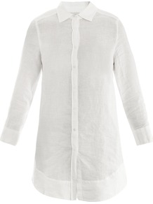 Saluto Shirt - neckline: shirt collar/peter pan/zip with opening; pattern: plain; length: below the bottom; style: shirt; bust detail: buttons at bust (in middle at breastbone)/zip detail at bust; predominant colour: white; occasions: casual, work; fibres: linen - 100%; fit: straight cut; back detail: longer hem at back than at front; sleeve length: long sleeve; sleeve style: standard; texture group: linen; pattern type: fabric; pattern size: standard
