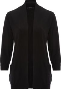 Fine Knit Cardigan Black - sleeve style: dolman/batwing; pattern: plain; length: below the bottom; neckline: collarless open; style: open front; predominant colour: black; occasions: casual, work; fibres: nylon - mix; fit: standard fit; sleeve length: 3/4 length; texture group: knits/crochet; pattern type: knitted - other; pattern size: standard