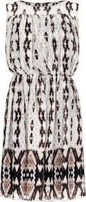 Women's Pleated Printed Dress, Nude - style: shift; neckline: round neck; fit: fitted at waist; sleeve style: sleeveless; waist detail: elasticated waist, fitted waist, twist front waist detail/nipped in at waist on one side/soft pleats/draping/ruching/gathering waist detail; bust detail: ruching/gathering/draping/layers/pintuck pleats at bust; predominant colour: stone; occasions: casual, evening, work, occasion, holiday; length: just above the knee; fibres: polyester/polyamide - 100%; hip detail: soft pleats at hip/draping at hip/flared at hip; sleeve length: sleeveless; texture group: sheer fabrics/chiffon/organza etc.; trends: statement prints, modern geometrics; pattern type: fabric; pattern size: standard; pattern: animal print, patterned/print