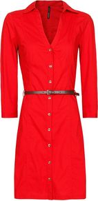 Women's Shirtv Dress, Red - style: shirt; length: mid thigh; neckline: shirt collar/peter pan/zip with opening; fit: tailored/fitted; pattern: plain; waist detail: fitted waist, belted waist/tie at waist/drawstring; bust detail: buttons at bust (in middle at breastbone)/zip detail at bust; predominant colour: true red; occasions: casual, evening, work; fibres: cotton - stretch; sleeve length: 3/4 length; sleeve style: standard; texture group: cotton feel fabrics; trends: glamorous day shifts; pattern type: fabric; pattern size: standard