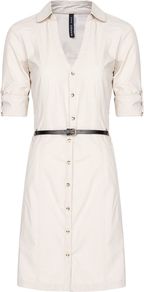 Women's Shirtv Dress, Stone - style: shirt; length: mid thigh; neckline: shirt collar/peter pan/zip with opening; pattern: plain; waist detail: belted waist/tie at waist/drawstring; bust detail: buttons at bust (in middle at breastbone)/zip detail at bust; predominant colour: stone; occasions: casual, evening, work; fit: straight cut; fibres: cotton - stretch; sleeve length: short sleeve; sleeve style: standard; texture group: cotton feel fabrics; pattern type: fabric