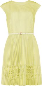 Women's Terna Pleated Hem Dress, Yellow - length: mid thigh; sleeve style: capped; pattern: plain; waist detail: fitted waist, twist front waist detail/nipped in at waist on one side/soft pleats/draping/ruching/gathering waist detail, belted waist/tie at waist/drawstring; back detail: low cut/open back; bust detail: ruching/gathering/draping/layers/pintuck pleats at bust; predominant colour: primrose yellow; occasions: evening, occasion; fit: fitted at waist & bust; style: fit & flare; fibres: polyester/polyamide - 100%; neckline: crew; hip detail: structured pleats at hip, soft pleats at hip/draping at hip/flared at hip; shoulder detail: structured/bulky pleats/bulky detail at shoulder; sleeve length: short sleeve; texture group: sheer fabrics/chiffon/organza etc.; trends: glamorous day shifts; pattern type: fabric; pattern size: standard