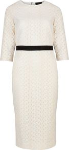 Women's Araa Heavy Lace Midi Dress, Ecru - style: shift; length: below the knee; fit: tailored/fitted; waist detail: fitted waist, embellishment at waist/feature waistband, narrow waistband; predominant colour: ivory; occasions: evening, work, occasion; fibres: cotton - 100%; neckline: crew; sleeve length: 3/4 length; sleeve style: standard; texture group: lace; trends: glamorous day shifts; pattern type: fabric; pattern size: small & light; embellishment: embroidered