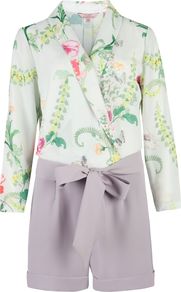 Women's Antiguo Wallpaper Playsuit, Mint - neckline: v-neck; fit: tailored/fitted; waist detail: belted waist/tie at waist/drawstring; length: mid thigh shorts; secondary colour: light grey; occasions: evening, holiday; fibres: polyester/polyamide - 100%; jeans & bottoms detail: turn ups; predominant colour: multicoloured; sleeve length: long sleeve; sleeve style: standard; style: playsuit; pattern type: fabric; pattern size: small & light; pattern: florals; texture group: other - light to midweight