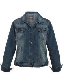 Inspire Dark Blue Denim Jacket - pattern: plain; style: denim; predominant colour: navy; occasions: casual; length: standard; fit: straight cut (boxy); fibres: cotton - 100%; collar: shirt collar/peter pan/zip with opening; sleeve length: long sleeve; sleeve style: standard; texture group: denim; collar break: high; pattern type: fabric