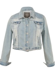 Inspire Light Blue Denim Jacket - pattern: plain; length: cropped; style: denim; predominant colour: pale blue; occasions: casual; fit: straight cut (boxy); fibres: cotton - 100%; collar: shirt collar/peter pan/zip with opening; sleeve length: long sleeve; sleeve style: standard; texture group: denim; collar break: high; pattern type: fabric; pattern size: standard