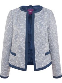 Inspire Blue Boucle Jacket - collar: round collar/collarless; style: boxy; pattern: herringbone/tweed; predominant colour: navy; occasions: casual, evening, work; length: standard; fit: straight cut (boxy); fibres: polyester/polyamide - mix; sleeve length: long sleeve; sleeve style: standard; collar break: high; pattern type: fabric; pattern size: small & light; texture group: tweed - light/midweight