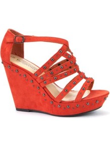 Orange Stud Stappy Wedges - predominant colour: bright orange; occasions: evening, holiday; material: fabric; heel height: high; embellishment: buckles, studs; ankle detail: ankle strap; heel: wedge; toe: open toe/peeptoe; style: strappy; finish: plain; pattern: patterned/print, plain