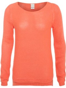 Neon Orange Diego Knit Jumper - neckline: round neck; pattern: plain; style: standard; hip detail: fitted at hip, dip hem, contrast fabric/print detail at hip; predominant colour: bright orange; occasions: casual; length: standard; fibres: polyester/polyamide - 100%; fit: standard fit; back detail: longer hem at back than at front; sleeve length: long sleeve; sleeve style: standard; texture group: knits/crochet; trends: fluorescent; pattern type: knitted - other; pattern size: standard
