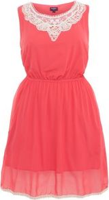 Inspire Coral Crochet Collar Sleeveless Chiffon Dress - neckline: round neck; fit: fitted at waist; sleeve style: sleeveless; bust detail: added detail/embellishment at bust, contrast pattern/fabric/detail at bust; waist detail: elasticated waist, fitted waist, twist front waist detail/nipped in at waist on one side/soft pleats/draping/ruching/gathering waist detail; predominant colour: coral; occasions: casual, evening, holiday; length: just above the knee; style: fit & flare; fibres: polyester/polyamide - 100%; hip detail: ruching/gathering at hip, soft pleats at hip/draping at hip/flared at hip; shoulder detail: added shoulder detail; sleeve length: sleeveless; texture group: sheer fabrics/chiffon/organza etc.; trends: glamorous day shifts, fluorescent, volume; pattern type: fabric; pattern size: big & light; embellishment: embroidered