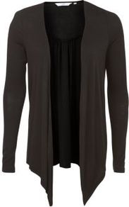 Black Waterfall Open Front Cardigan - pattern: plain; length: below the bottom; neckline: collarless open; style: open front; predominant colour: black; occasions: casual, work; fibres: polyester/polyamide - stretch; fit: loose; sleeve length: long sleeve; sleeve style: standard; texture group: jersey - clingy; pattern type: fabric; pattern size: standard