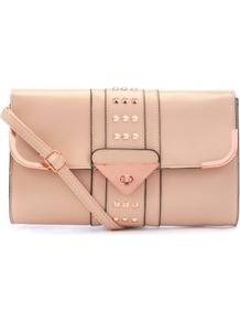Pink Triangle Lock Stud Clutch - predominant colour: blush; occasions: casual, evening, occasion; type of pattern: standard; style: clutch; length: hand carry; size: small; material: faux leather; embellishment: studs; pattern: plain; finish: plain