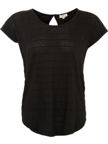 Black Stripe Keyhole T Shirt - neckline: round neck; sleeve style: capped; pattern: plain; style: t-shirt; predominant colour: black; occasions: casual; length: standard; fibres: polyester/polyamide - stretch; fit: loose; back detail: keyhole/peephole detail at back; sleeve length: short sleeve; pattern type: fabric; texture group: jersey - stretchy/drapey