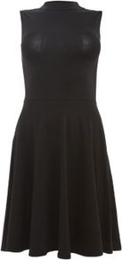 Black High Neck Sleeveless Skater Dress - pattern: plain; sleeve style: sleeveless; neckline: high neck; bust detail: sheer at bust; waist detail: fitted waist; predominant colour: black; occasions: casual, evening, work, occasion; length: just above the knee; fit: fitted at waist & bust; style: fit & flare; fibres: cotton - stretch; hip detail: soft pleats at hip/draping at hip/flared at hip; sleeve length: sleeveless; trends: volume; pattern type: fabric; texture group: jersey - stretchy/drapey