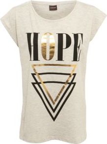 White Mula Hope T Shirt - neckline: round neck; sleeve style: capped; style: t-shirt; predominant colour: stone; occasions: casual; length: standard; fibres: cotton - stretch; fit: straight cut; bust detail: contrast pattern/fabric/detail at bust; sleeve length: short sleeve; pattern type: fabric; pattern size: standard; pattern: patterned/print; texture group: jersey - stretchy/drapey