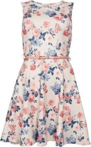 White Textured Floral Belted Skater Dress - neckline: round neck; sleeve style: sleeveless; waist detail: fitted waist, belted waist/tie at waist/drawstring; occasions: casual, evening, occasion, holiday; length: just above the knee; fit: fitted at waist & bust; style: fit & flare; fibres: polyester/polyamide - stretch; hip detail: soft pleats at hip/draping at hip/flared at hip; predominant colour: multicoloured; sleeve length: sleeveless; trends: high impact florals, volume; pattern type: fabric; pattern size: small & busy; pattern: florals; texture group: jersey - stretchy/drapey