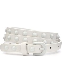 Cream Enamel Stud Skinny Belt - predominant colour: ivory; occasions: casual, evening, work, holiday; type of pattern: standard; style: classic; size: skinny; worn on: waist; material: faux leather; embellishment: studs; pattern: plain; finish: plain