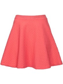 Coral Textured Skater Skirt - length: mid thigh; pattern: plain, patterned/print; fit: loose/voluminous; waist detail: fitted waist, narrow waistband; waist: high rise; predominant colour: coral; occasions: casual, evening, holiday; style: a-line; fibres: polyester/polyamide - stretch; hip detail: structured pleats at hip, soft pleats at hip/draping at hip/flared at hip; trends: volume; pattern type: fabric; texture group: jersey - stretchy/drapey