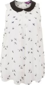 Inspire Cream Bird Print Peter Pan Collar Top - sleeve style: sleeveless; length: below the bottom; style: blouse; predominant colour: ivory; occasions: casual, evening, work; fibres: polyester/polyamide - 100%; fit: loose; neckline: no opening/shirt collar/peter pan; bust detail: contrast pattern/fabric/detail at bust; back detail: keyhole/peephole detail at back; sleeve length: sleeveless; texture group: sheer fabrics/chiffon/organza etc.; pattern type: fabric; pattern size: small & busy; pattern: patterned/print