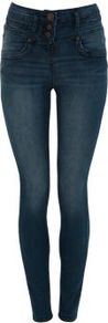 32in Blue High Waisted Jeans - style: skinny leg; length: standard; pattern: plain; waist: high rise; pocket detail: traditional 5 pocket; predominant colour: navy; occasions: casual; fibres: cotton - mix; jeans detail: whiskering, shading down centre of thigh, dark wash; texture group: denim; pattern type: fabric