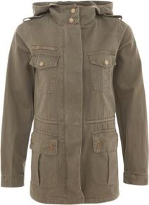 Khaki Hooded Parka - pattern: plain; length: below the bottom; shoulder detail: obvious epaulette; style: parka; back detail: hood; collar: high neck; predominant colour: khaki; occasions: casual; fit: straight cut (boxy); fibres: polyester/polyamide - 100%; sleeve length: long sleeve; sleeve style: standard; texture group: cotton feel fabrics; collar break: high; pattern type: fabric; pattern size: standard