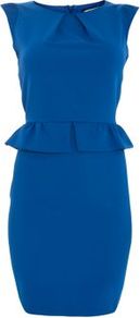 Blue Soft Pleat Peplum Dress - style: shift; neckline: round neck; sleeve style: capped; fit: tailored/fitted; pattern: plain; waist detail: fitted waist, peplum waist detail; hip detail: fitted at hip; bust detail: ruching/gathering/draping/layers/pintuck pleats at bust; predominant colour: royal blue; occasions: evening, work, occasion; length: just above the knee; fibres: polyester/polyamide - stretch; sleeve length: short sleeve; trends: glamorous day shifts, sculptural frills; pattern type: fabric; texture group: jersey - stretchy/drapey