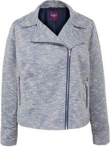 Inspire Blue Boucle Biker Jacket - style: biker; collar: asymmetric biker; pattern: herringbone/tweed, patterned/print; predominant colour: pale blue; occasions: casual, evening, work; length: standard; fit: straight cut (boxy); fibres: polyester/polyamide - mix; sleeve length: long sleeve; sleeve style: standard; collar break: medium; pattern type: fabric; pattern size: small & light; texture group: tweed - light/midweight