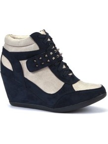 Navy And White Stud Strap Concealed Wedge Hi Tops - predominant colour: navy; occasions: casual; material: fabric; heel height: high; embellishment: studs; heel: wedge; toe: round toe; boot length: ankle boot; style: high top; trends: sporty redux; finish: plain; pattern: colourblock